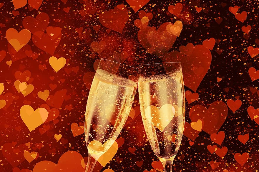 šampanas, šampano akiniai, širdis, meilė, Naujųjų metų diena, Naujųjų metų vakaras, atsukti, prost