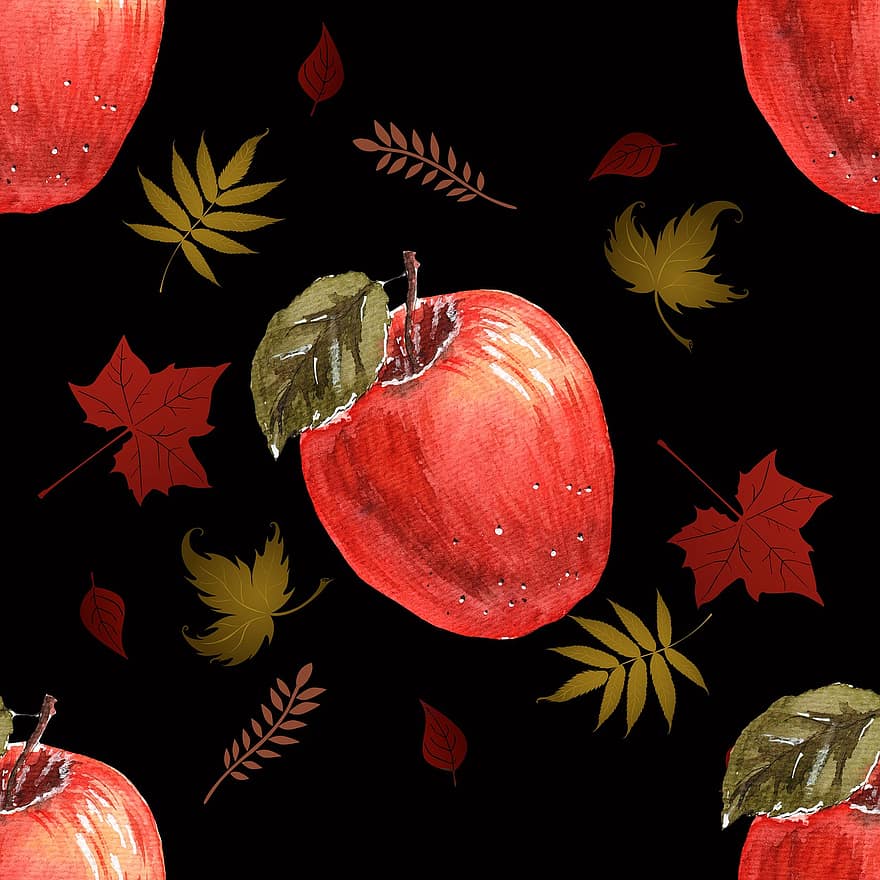æble, frugt, løv, blade, gård, natur, moden, akvarel, tegning, sømløse mønster, mad