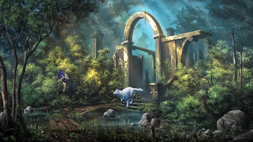 Wolf, Fee, Ruinen, mystischer Wald, magischer Wald, Elf, Wald, surreal, Fantasie, Hintergrund, digitale Kunstwerke