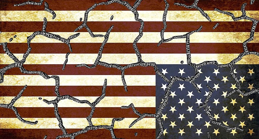 Estados Unidos, angustia, división, crisis, grietas, agrietado, roto, fracturas, bandera, vieja gloria, deshonestidad