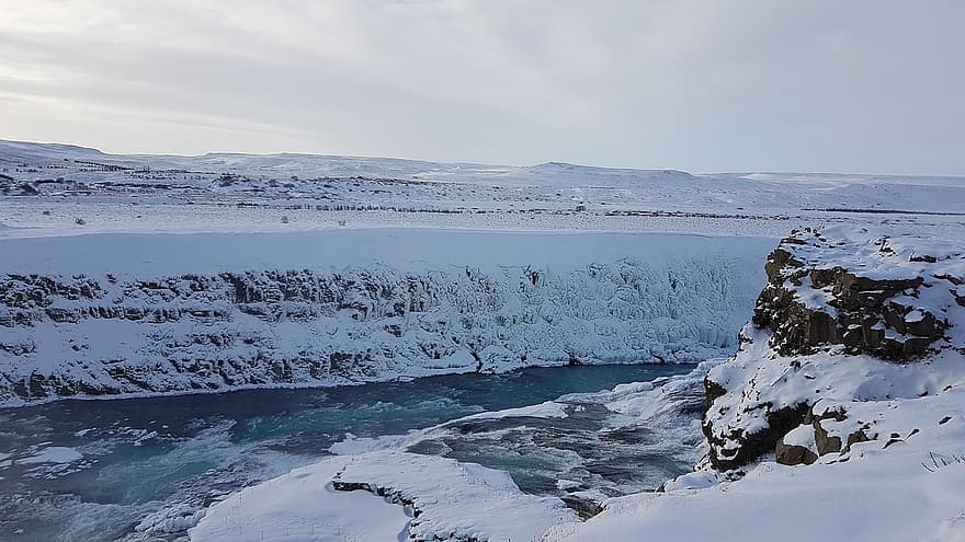 природа, Исландия, снег, каскад, на открытом воздухе, зима
