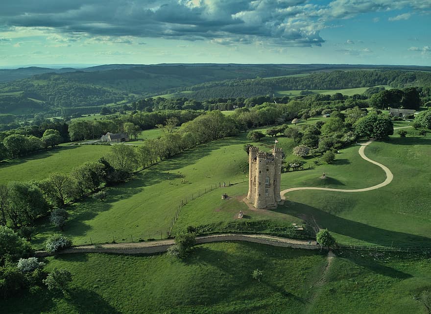 Cotswold, Countryside, Castle, Tower, Aerial View, rural scene, landscape, architecture, grass, meadow, history