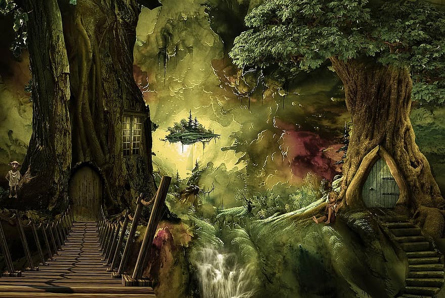 fantazija, fantazijos pasaulis, medžiai, amazone, svajonė, vaikas, elfas, romantiškas, atmosferos, kraštovaizdį, mistinis