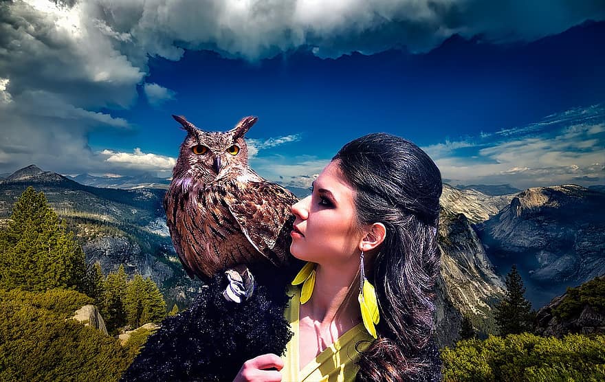 Lady, Owl, Mountains, Forest