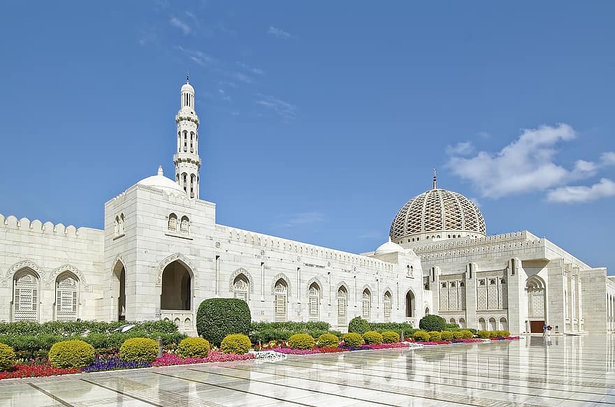 mešita sultána qaboos, oman, muscat, hlavní mešita, mešita, budova, minaret, kupole, architektura, náboženství, islám