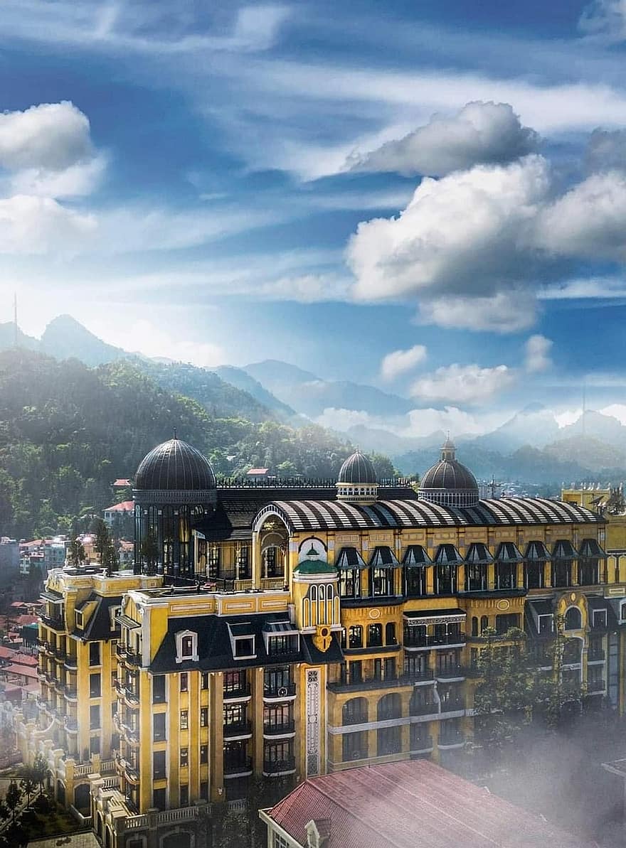 edifici, cielo, nuvole, montagne, architettura, facciata, edificio giallo, cittadina, paesaggio urbano, sa pa, Vietnam
