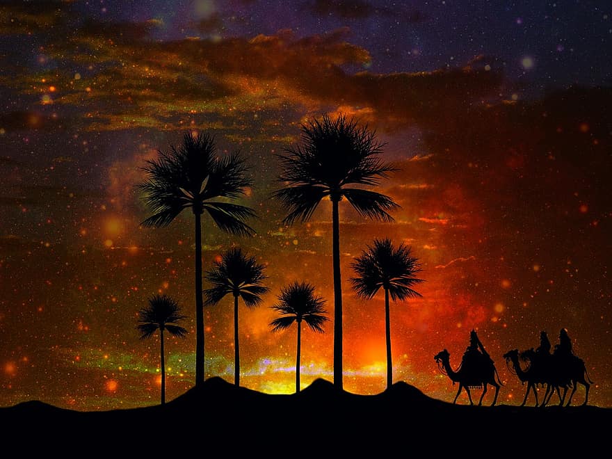 oázis, sivatag, szent három király, pálmafák, tevék, lakókocsi, királyok, beduin, tündérmesék, Arab éjszakák, Napkelte