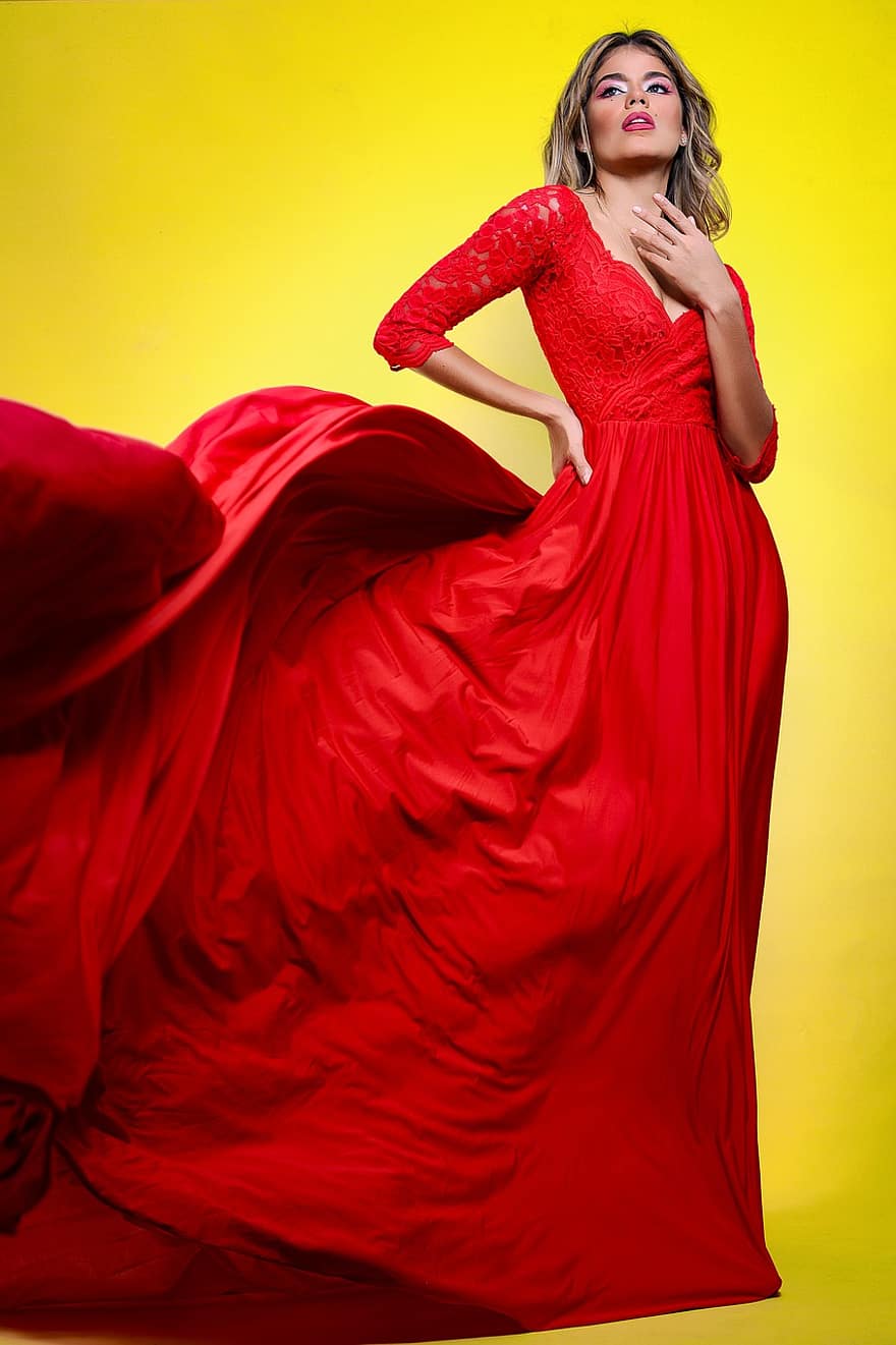 kvinne, rød kjole, portrett, lang kjole, elegant, mote, skjønnhet, vakker, ganske, attraktiv, pike