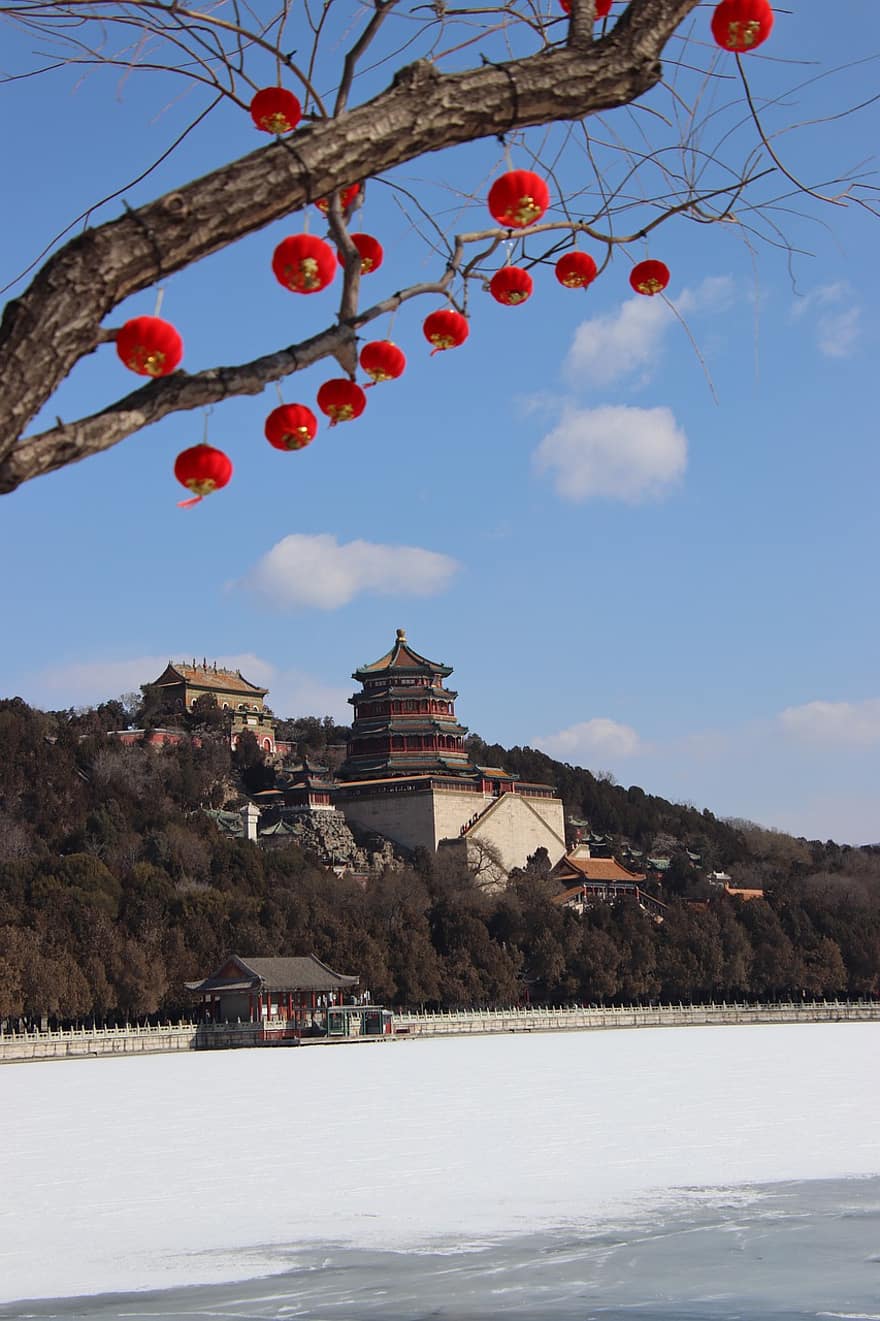 punaiset lyhdyt, järvi, jäädytetty, lumi, talvi-, pitkäikäisyys mäki, Buddhan tuoksun paviljonki, puu, oksat, riippuva, koriste