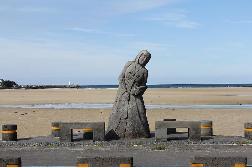 Beach, Stone Statue, Stone Sculpture, Sea, sand, famous place, sculpture, summer, coastline, religion, statue