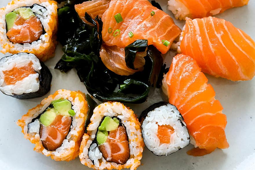 sushi, laks, mad, fisk, fisk og skaldyr, sund og rask, asiatisk, sashimi, tang