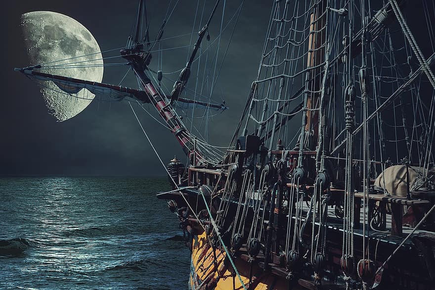 lua, mar, navio, galeão, barca, cordame, aparelhamento, embarcação, vela, luar, crateras