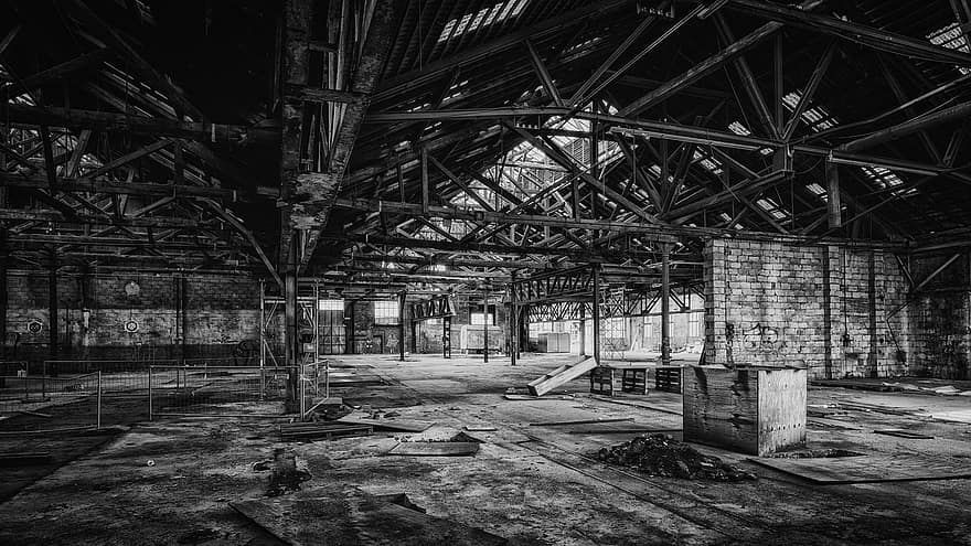 工場、ホール、倉庫、工場棟、廃墟、放棄された、工業プラント、古い、経過した、工業ビル、モノクローム