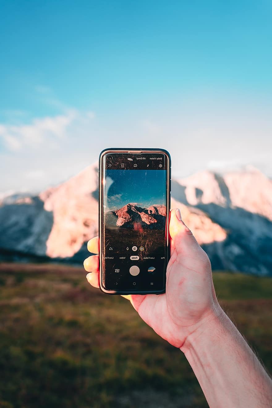 smartphone, bergen, fotografi, ta bilder, alperna, österrike, landskap