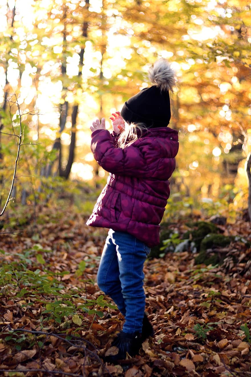 어린 소녀, 숲, 가을, 어린이, 아이, 소녀, 모자, 재킷, 이파리, 잎, 옥외
