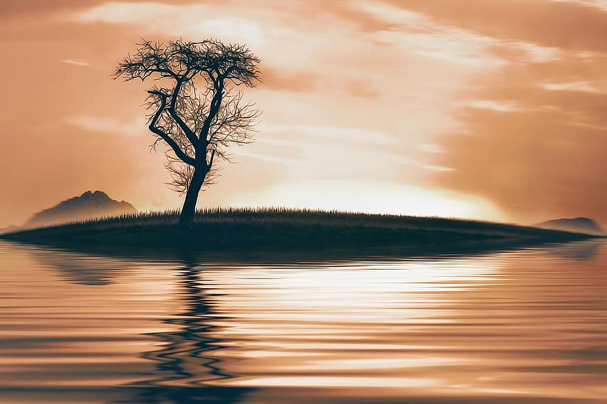 дерево, природа, озеро, воды, небо, заход солнца, зеркальное отображение, отражение, abendstimmung, размышления
