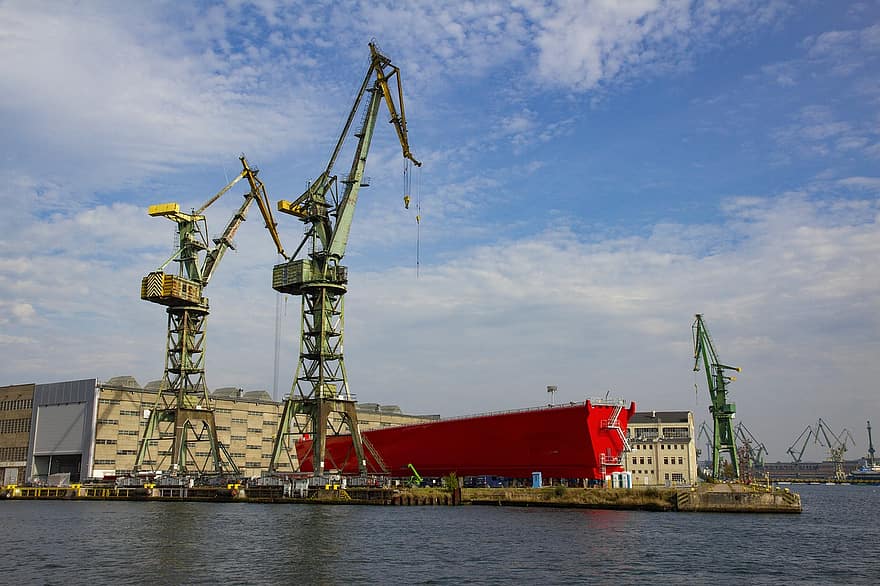 chantier naval de gdansk, grues, Port, grue, machines de construction, quai commercial, livraison, conteneur de fret, transport de fret, industrie, navire nautique
