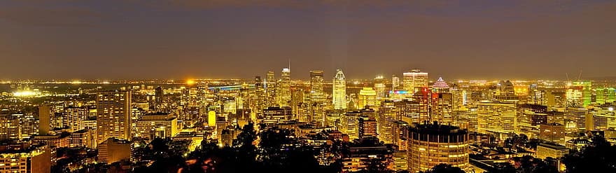 Монреаль, город, ночь, линия горизонта, панорама, длительное воздействие, бельведер, городской, городской пейзаж, небоскреб, архитектура