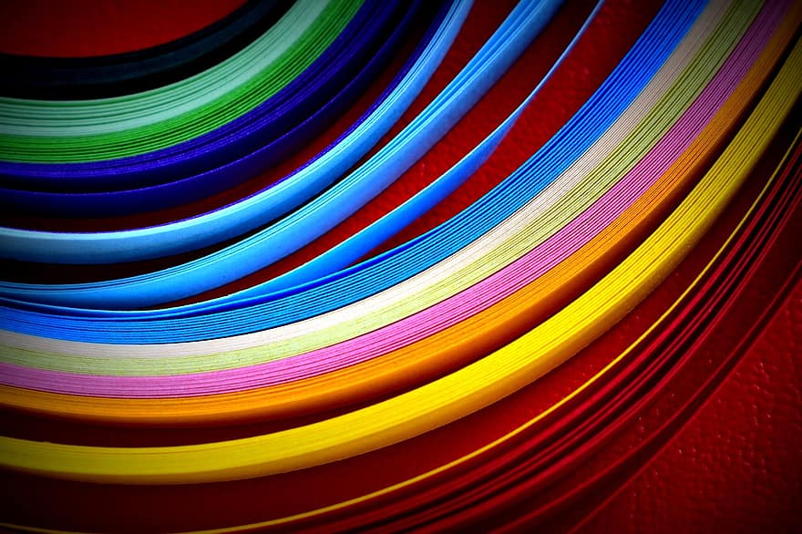कागज के स्ट्रिप्स, रिबन, पेपर फिलिग्री, रंगीन रिबन, पेपर क्विलिंग, सार, पृष्ठभूमि, बहु रंग का, प्रतिरूप, रंग की, वक्र