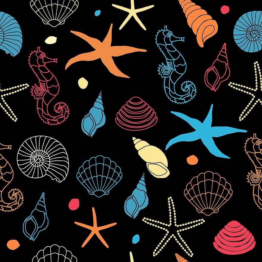 タツノオトシゴ、ヒトデ、貝殻、シェル、海の貝、アート、壁紙、紙、バックグラウンド、図、パターン