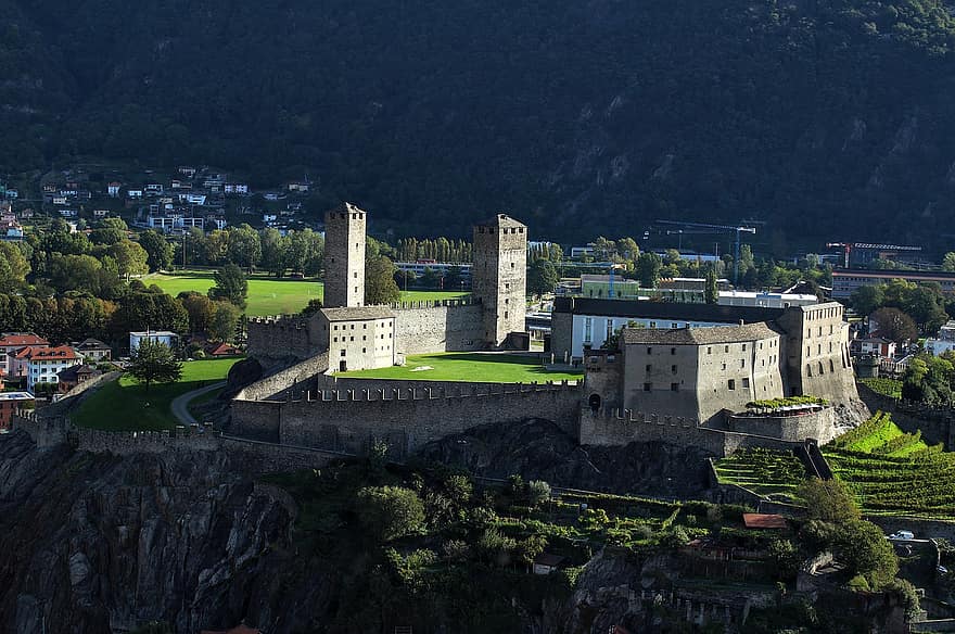 slott, fästning, trappa, bro, byggnad, bergen, bellinzona, ticino, schweizisk, schweiz, arkitektur