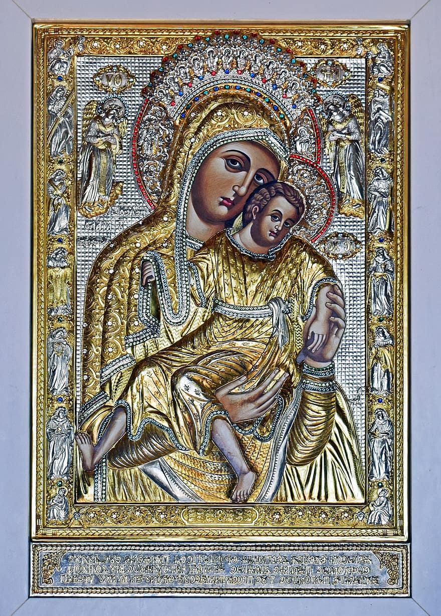 девица Мери и Исус, икона, византийски, позлатен, злато, Панагия от Кикос, Кипър, православен, християнство, религия, култури