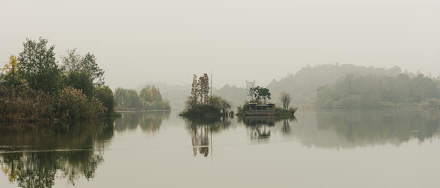 otoño, lago, superficie del agua, niebla