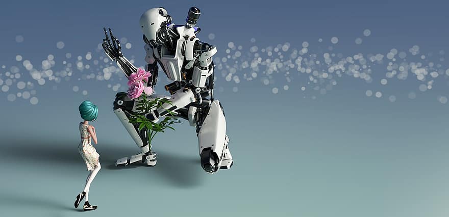 Tyttö ja robotti, robotti, kukka, tekniikka, Utopia, tulevaisuus, toivoa, rakkaus, robotiikka, fantasia
