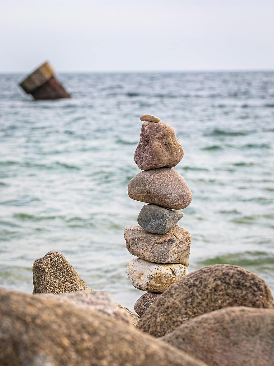 stenen toren, balans, zee, stenen, fehmarn