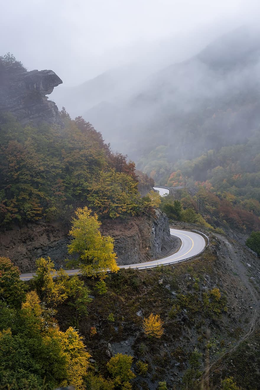 estrada, montanha, outono, névoa, panorama, passe de montanha, floresta, arvores, natureza, nuvens, kastoria