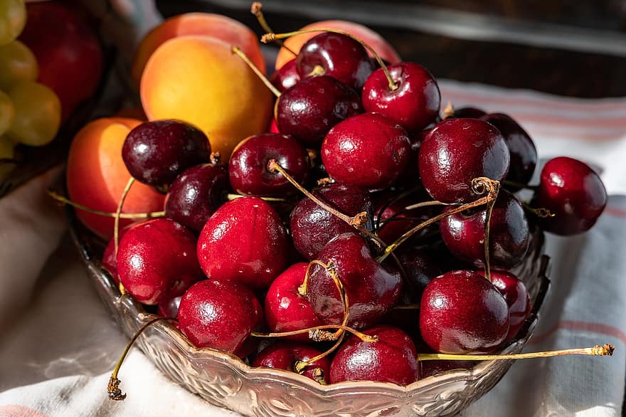 kirsebær, aprikoser, frukt, produsere, sunn, friskhet, mat, nærbilde, moden, blad, organisk