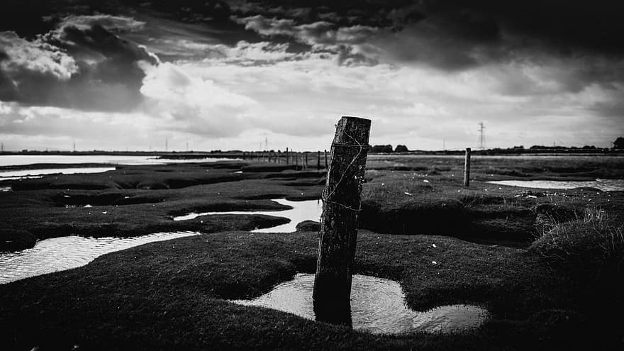 moody, landscape, sky, clouds, weather, field, horizon, storm, black and white, nature, silhouette