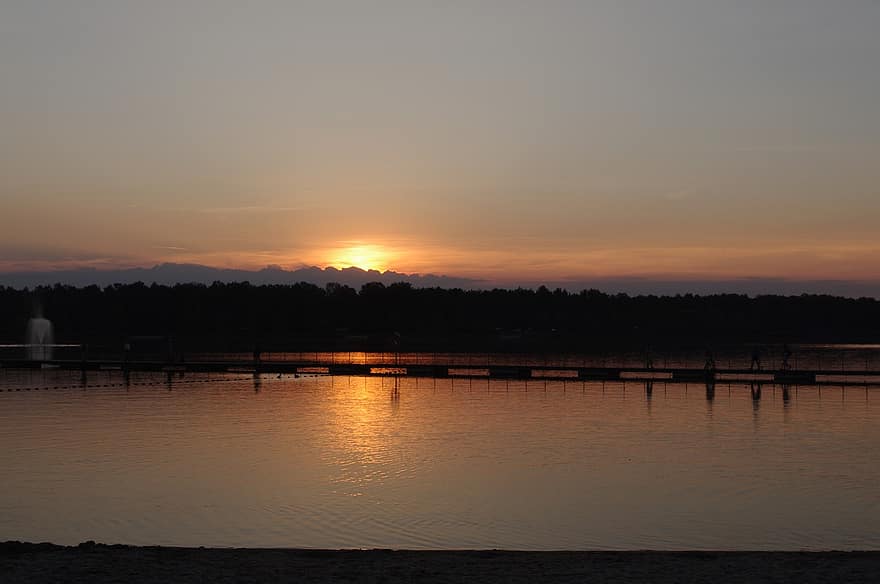 lago, puesta de sol, crepúsculo, resplandor crepuscular, hora dorada, paisaje