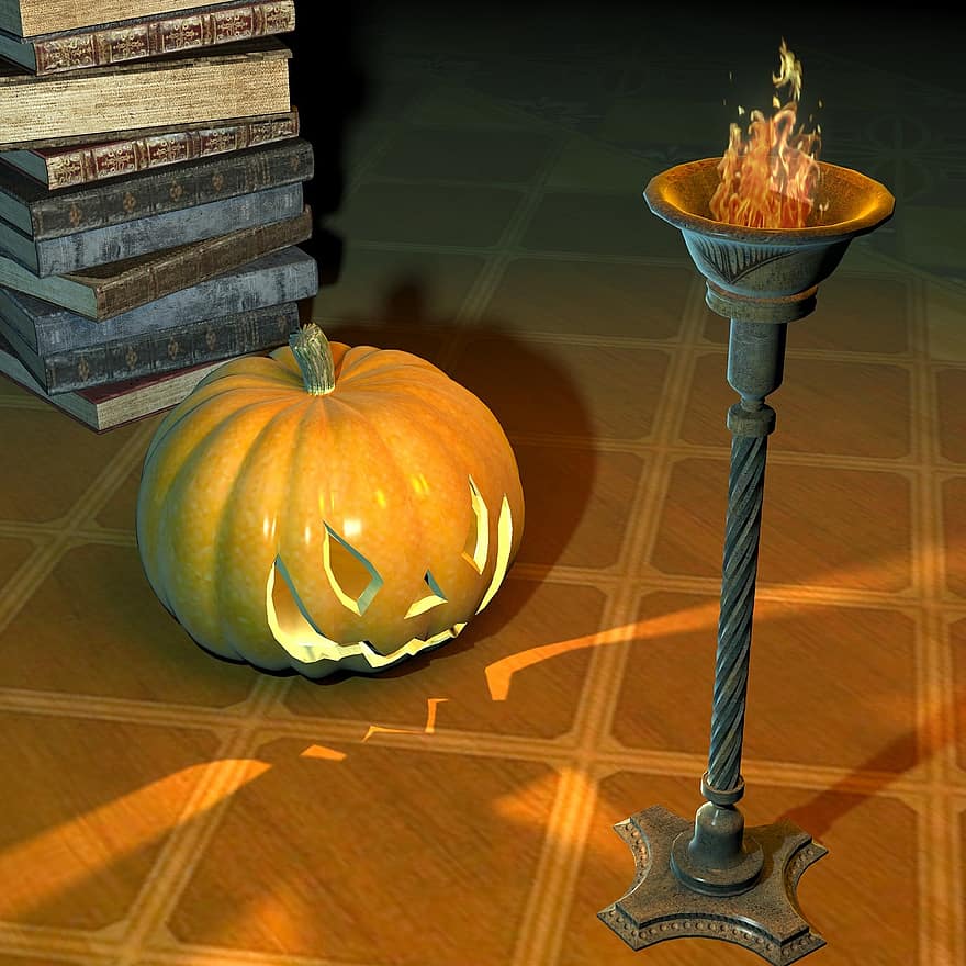 Halloween, Pumpkin, Jack O Lantern, Digital Art, Torch, Book