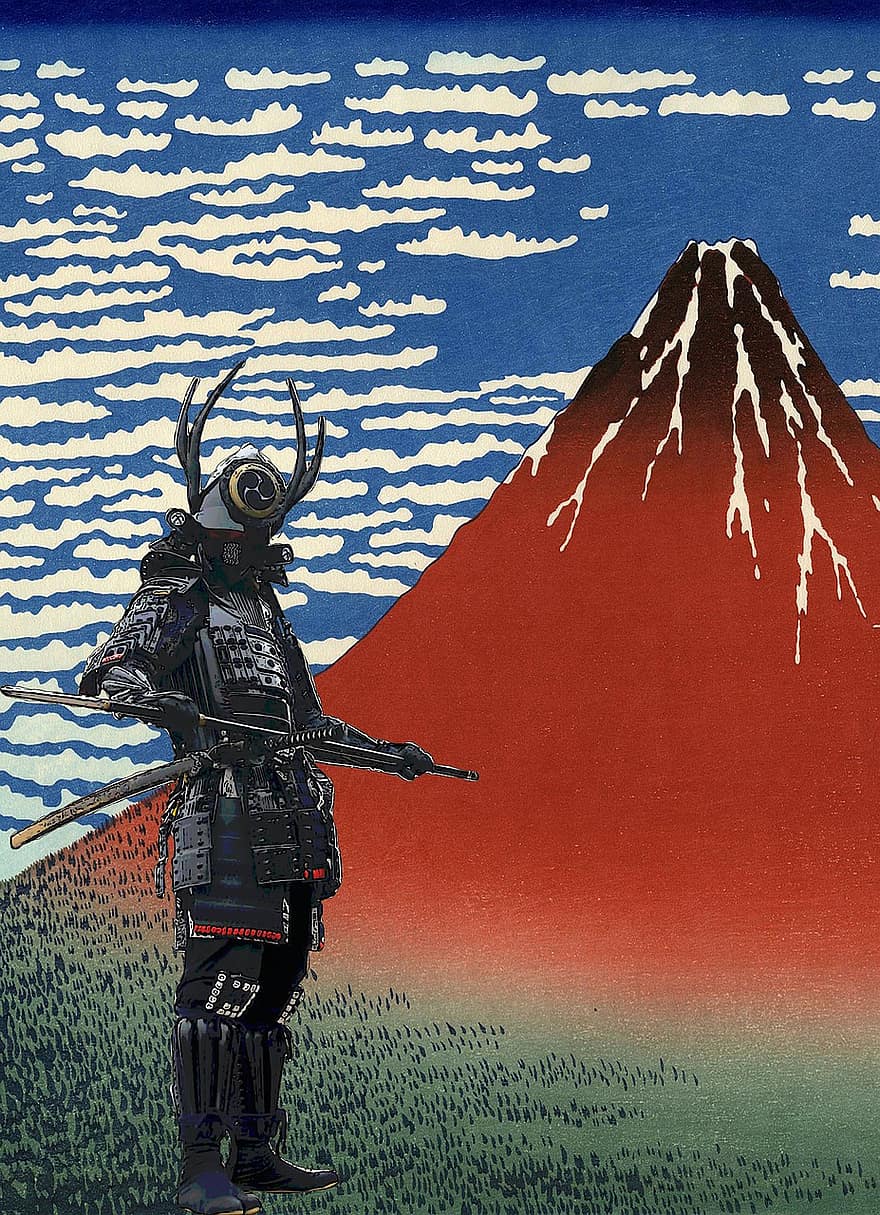 Fuji-vuori, samurai, japanilainen taide, sota, pilviä, ase, soturi, kansanperinne, Japani, Fuji, vuori