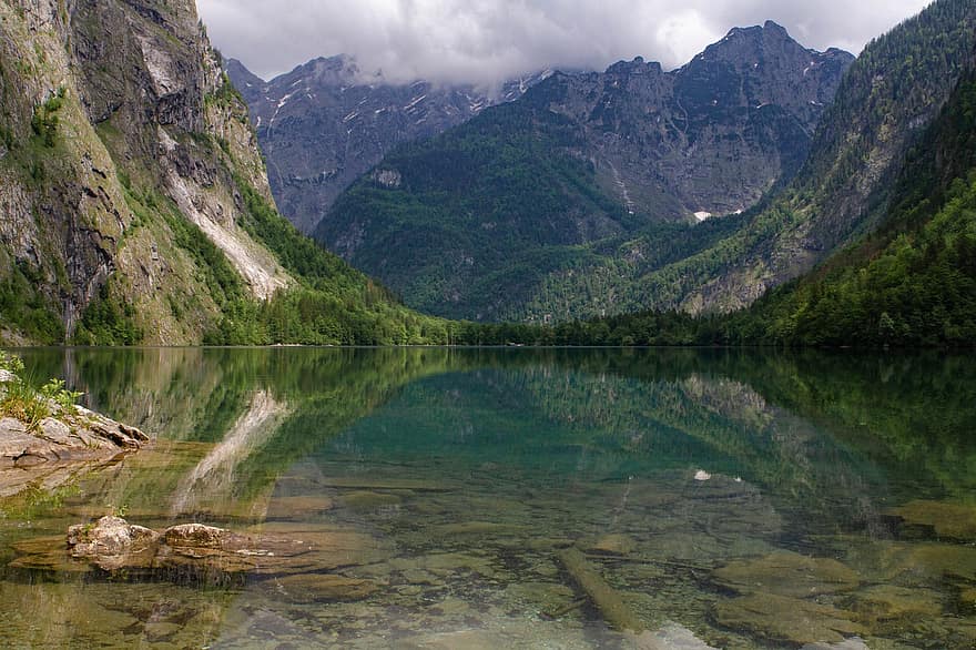 innsjø, fjellene, refleksjon, natur, landskap, skyer, fjell, vann, sommer, skog, grønn farge