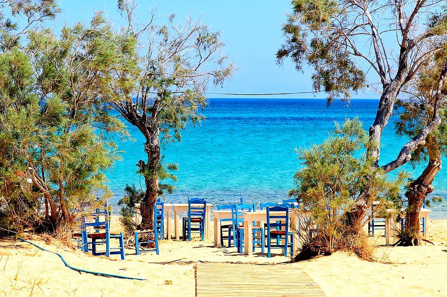 居酒屋、ビーチ、海、ギリシャ、ナクソス、キクラデス、レストラン、旅行、観光、砂、夏