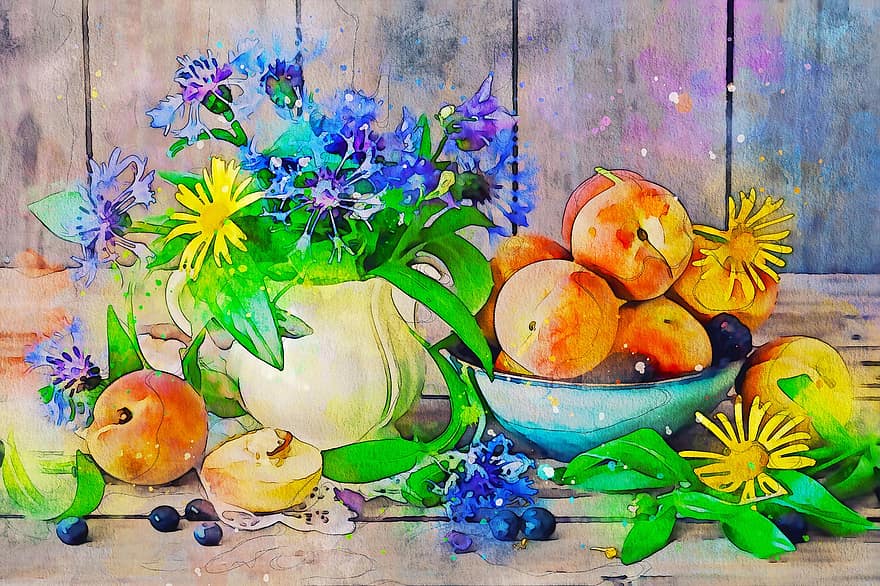 Stillleben, Früchte, Vase, Blumen, Anordnung, rustikal, digitale Zeichnung, digitale Manipulation