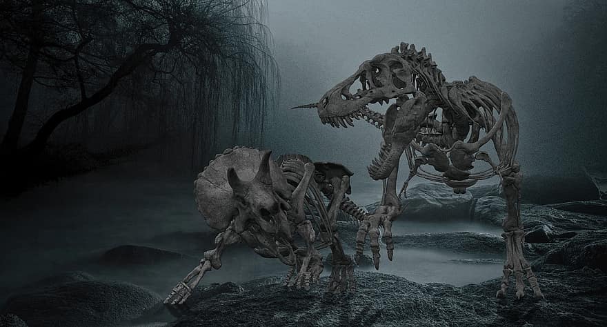 δεινόσαυρος, σκελετός, t-rex, dino, μάχη, ομίχλη, απεικόνιση, φαντασία, στοιχειωμένος, παλαιός, θάνατος