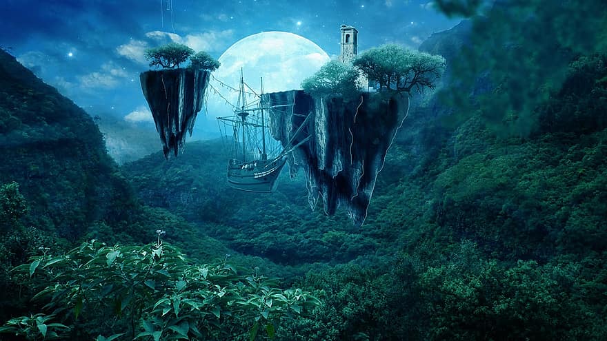 foto manipulation, digital konst, konstverk, fantasi, Fantasy Island, måne, himmel, landskap, dröm, magi, grön