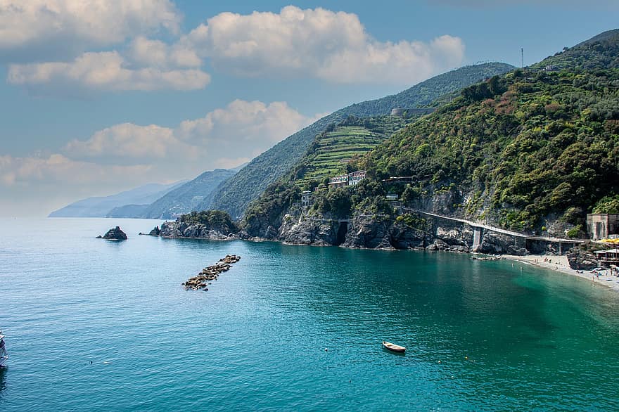 bahía, mar, costa, línea costera, playa, Oceano, montañas, cordillera, naturaleza, Cinque Terre, toscana