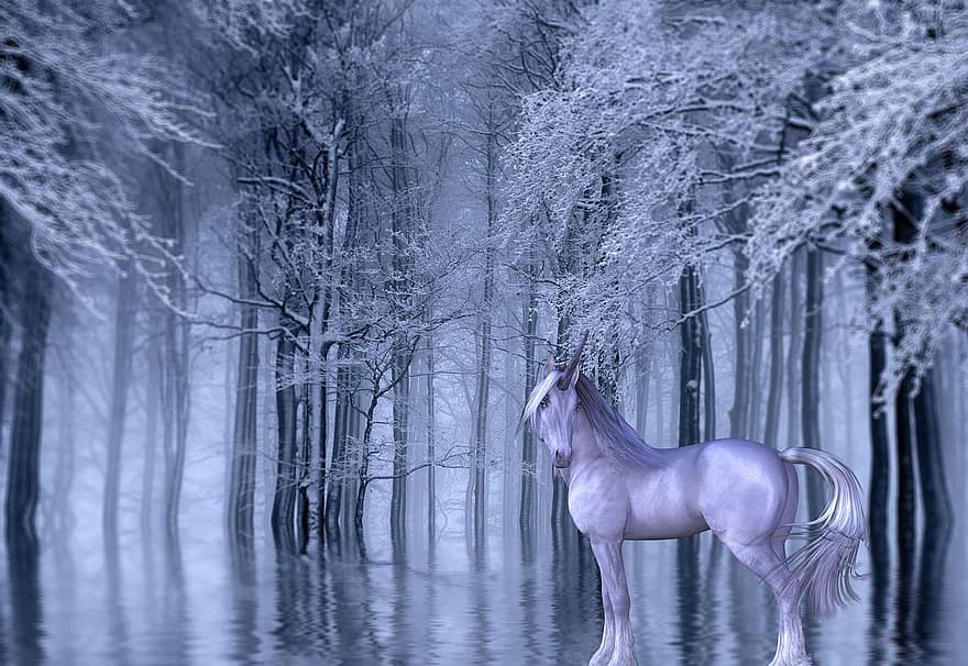 fantezi, kış, tek boynuzlu at, mistik, peri masalı, gerçek dışı, sihirli, gizem