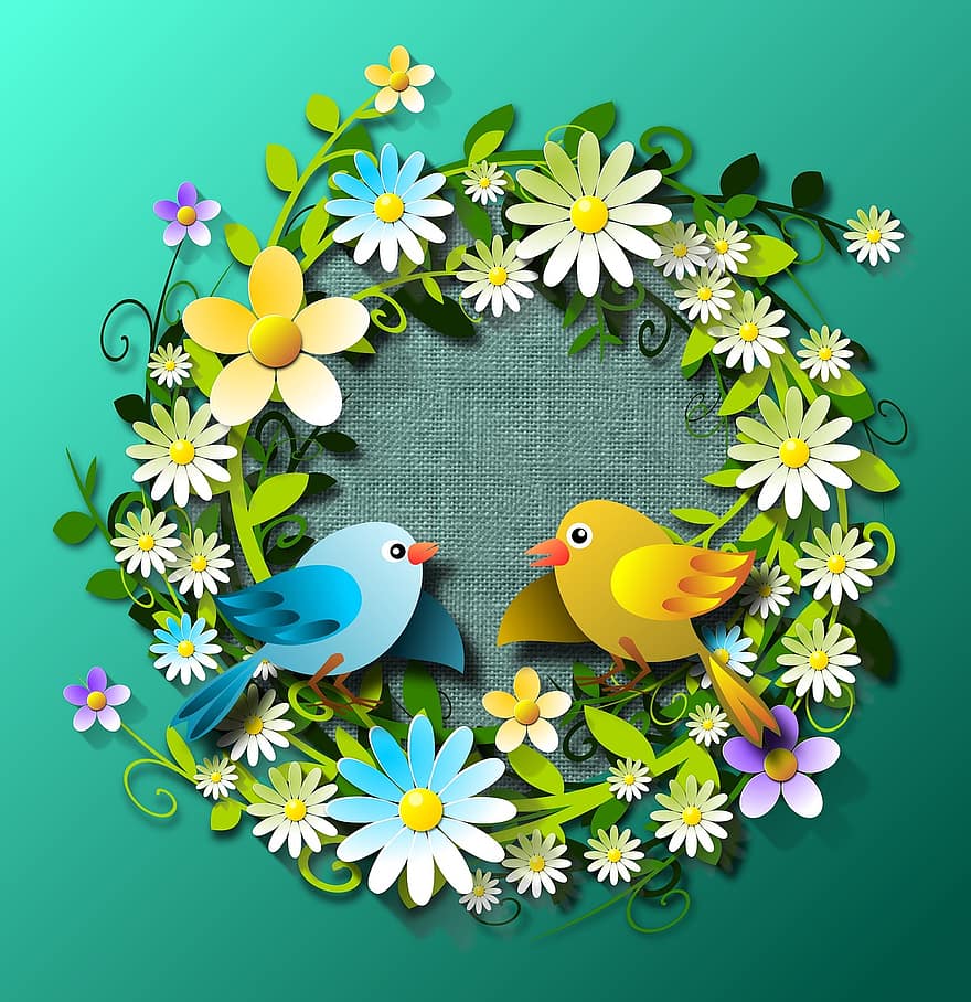 forår, Vernal, blomster, blomstrende, fugle, dyr, kort, buket, kærlighed, venskab, kælen