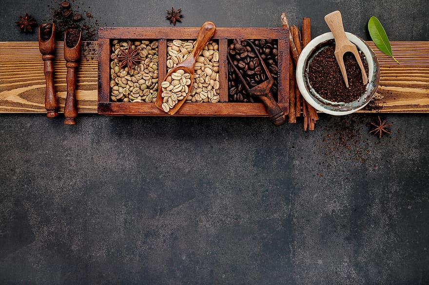 Coffee Beans, Flat Lay, Background, Wood, Arabica, Beans, Ground, Roasted, Drink, Beverage, Aromatic