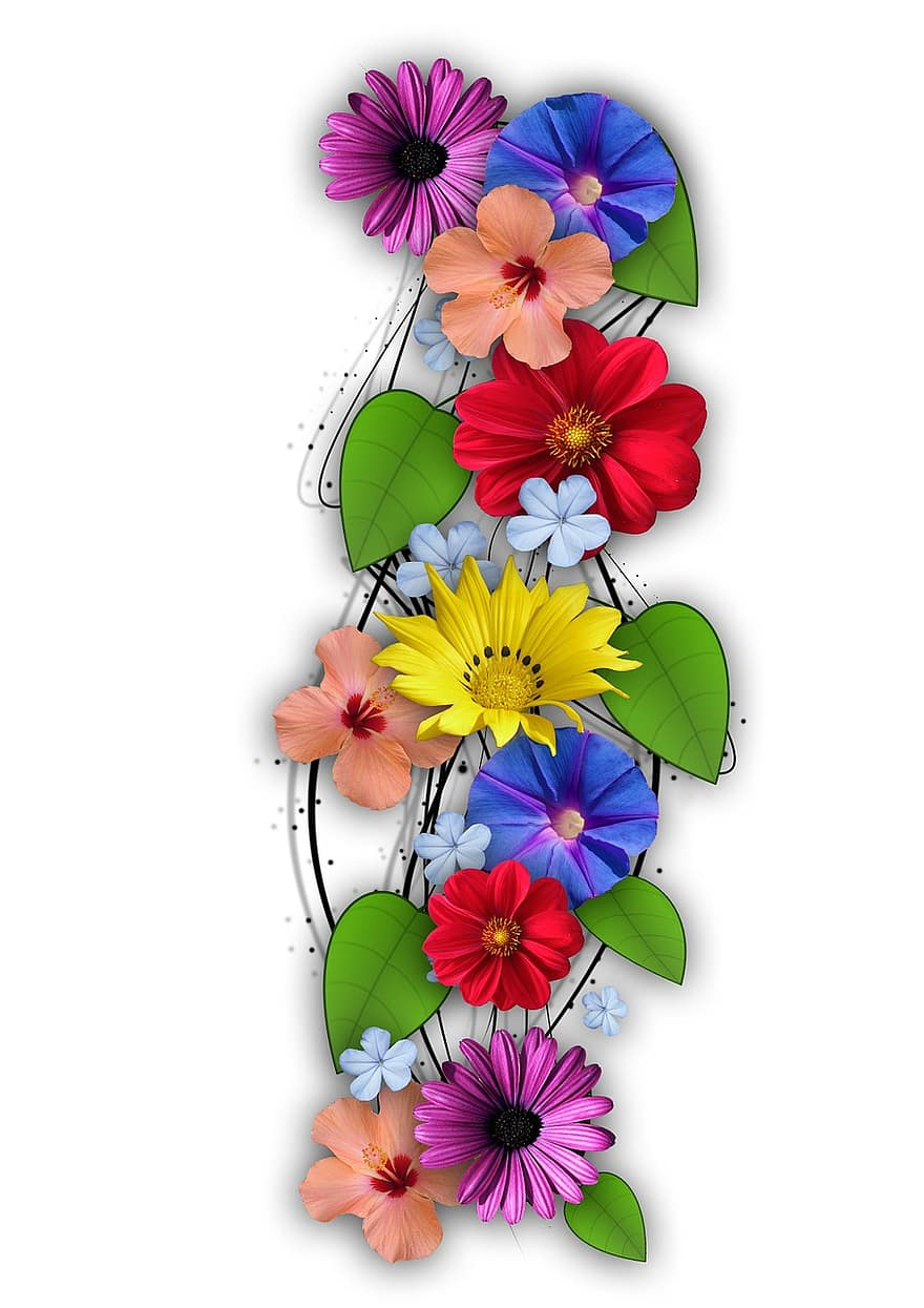 ziedi, kolāža, kombināciju, vasarā, stils, pavasarī, augu, raksturs, lapas, grafisks, flora