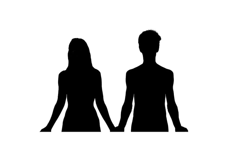 pāris, cilvēks, sieviete, persona, siluets, mīļotājiem, roku rokā, divi, kopā, kopīgums, diviem