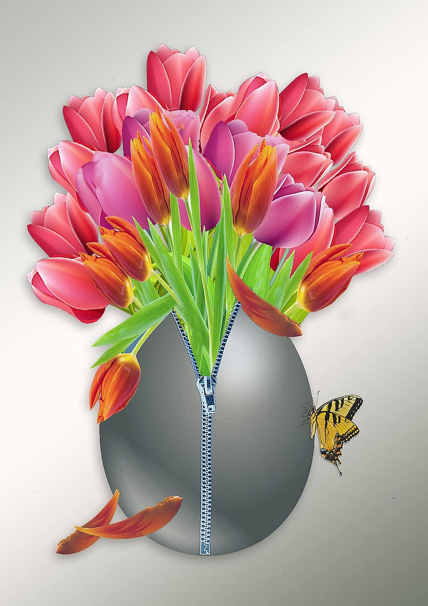 Easter, Tulips, Flower, Spring, Butterfly, Animal, Insect, Plant, Nature, Blossom, Bloom