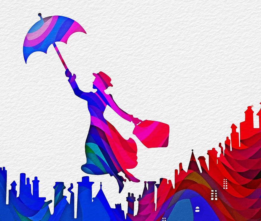 mary poppins, silhouette, fargerik, fantasi, karakter, barnepike, disney, himmel, flying, skorsteiner, vannfarge