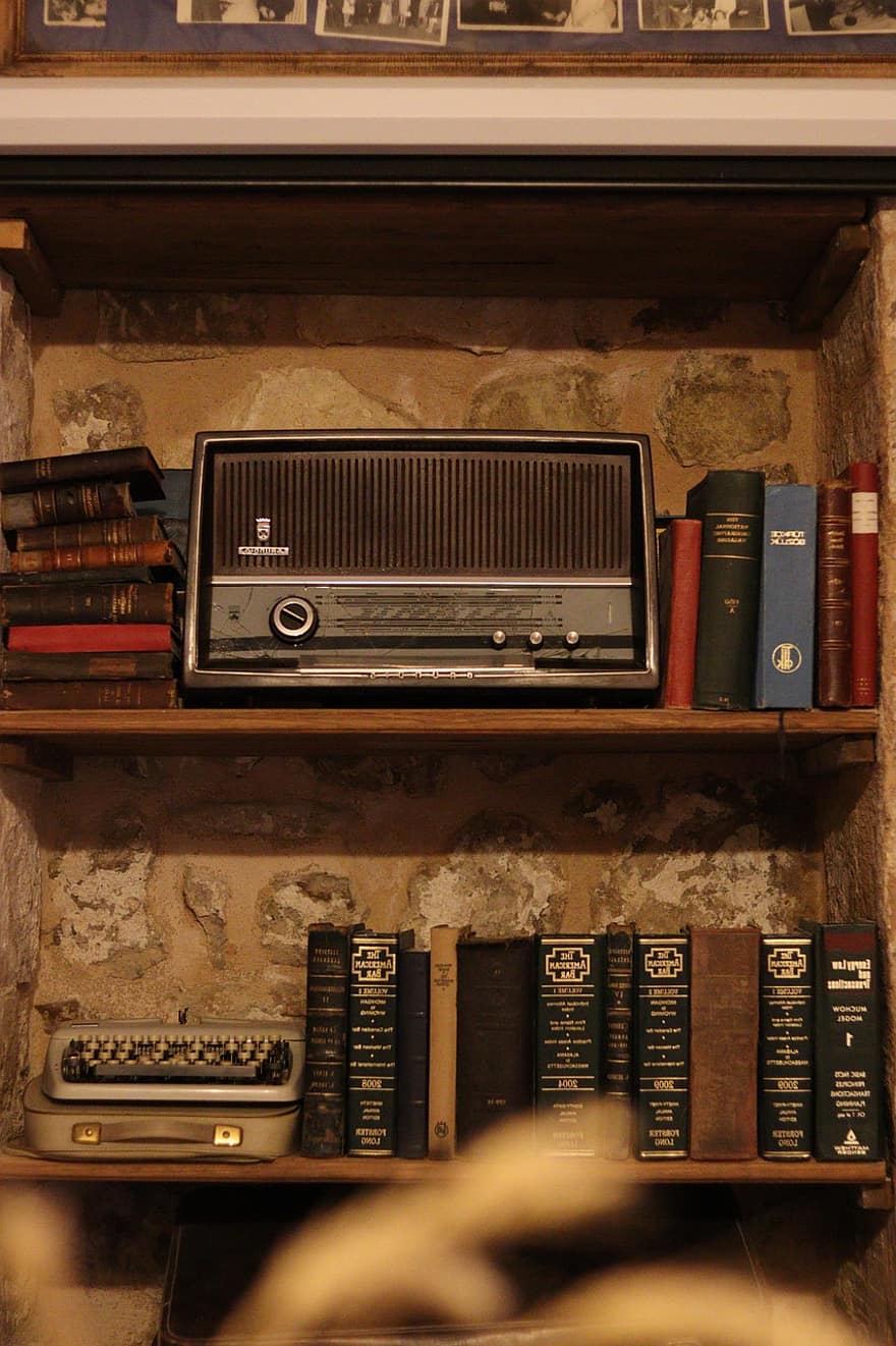 boeken, radio-, plank, oude radio, lezing, retro, interieur decoratie, boek, oud, boekenplank, antiek