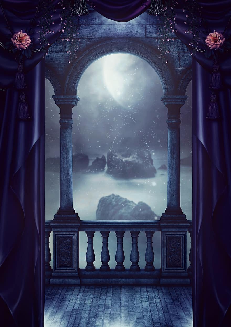 фантастика, балкон, занавес, Луна, море, камень, туман, мистический, магия, осветительные приборы, мечтательный